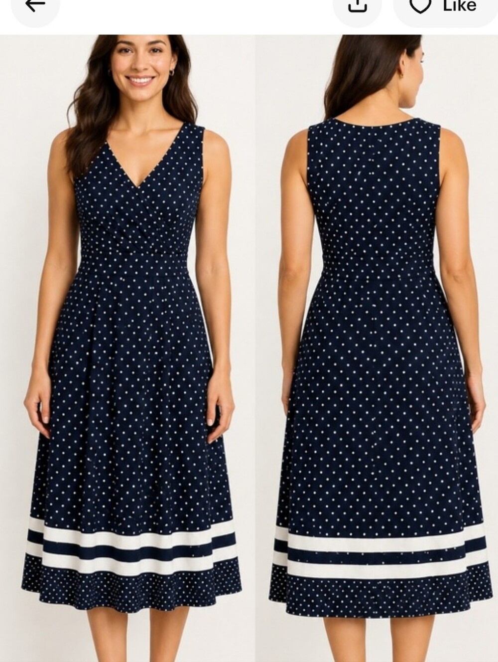 Lands End Classic Navy Polka Dot V-Neck Midi Dress. Fit And Flare